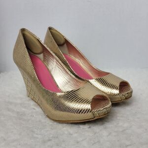 Lilly Pulitzer Women's Shoes Size 5.5  Gold Resort Chic Peep Toe Wedge Pumps